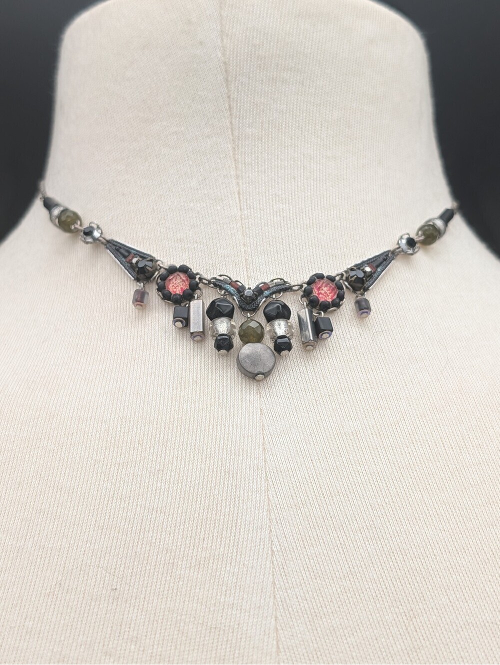 Ayala Bar Artisan Mixed Media Necklace Fabric Glass Mosaic Boho Choker Statement